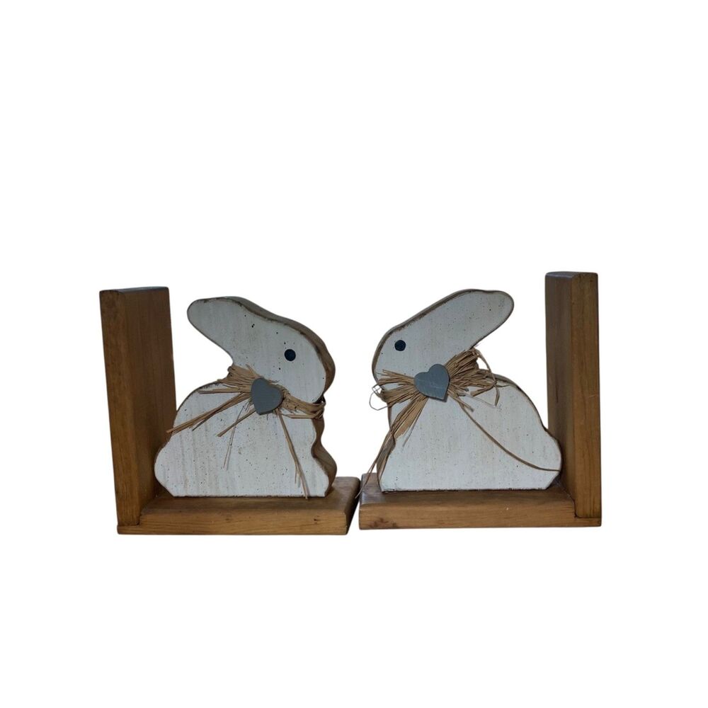Vintage Handmade Distressed Primitive Wooden Bunny Rabbit Bookends Nursery